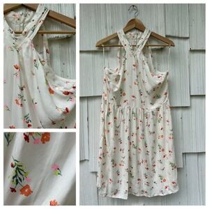 Fourteenth Place Ditsy Floral‎ Halter Dress Cream Sleeveless Pleated Skater Sz M